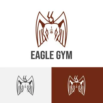 Horned Eagle Man Wings Strong Body Builder Gym Fitness Center Logo Stock Illustration
