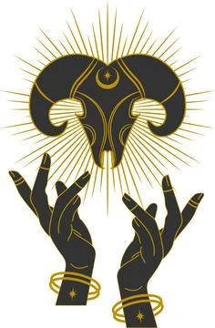 Horned skull witchcraft sticker. Vector black tribal witchcraft art. Mystical Stock Illustration