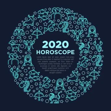 Horoscope concept in circle with thin neon line icons. Zodiac signs Stock Illustration