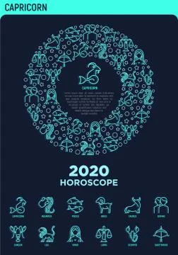 Horoscope concept in circle with thin neon line icons. Zodiac signs Illustrazione stock