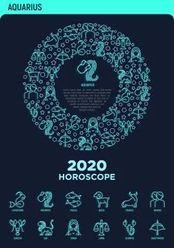 Horoscope concept in circle with thin neon line icons. Zodiac signs Stock Illustration