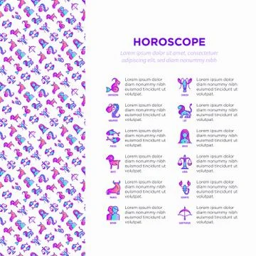 Horoscope concept with thin line icons and copy space. Zodiac signs Illustrazione stock