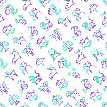 Horoscope seamless pattern with thin line icons. Zodiac signs Stock Illustration