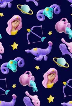 Horoscope signs vector seamless pattern, 3D cartoon Aquarius, Sagittarius, Virgo Ilustración de archivo
