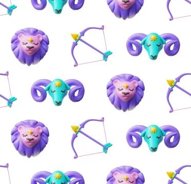 Horoscope signs vector seamless pattern 3D cartoon plastic style, Sagittarius Stock Illustration