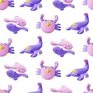 Horoscope signs vector seamless pattern 3D cartoon plastic style, Cancer, Pisces 스톡 일러스트