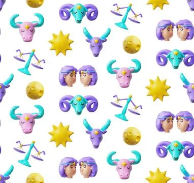 Horoscope symbols vector seamless pattern 3D cartoon plastic style, Capricorn Stock Illustration