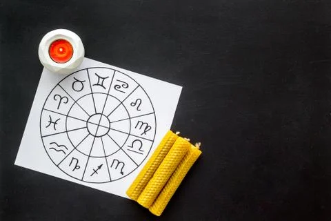 Horoscope wheel of zodiac symbols on work place Stock Photos