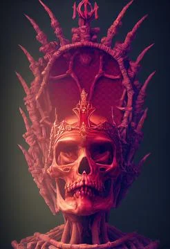 A horrible ancient skeleton on a nightmarish royal throne. 3D rendering. Stock Illustration