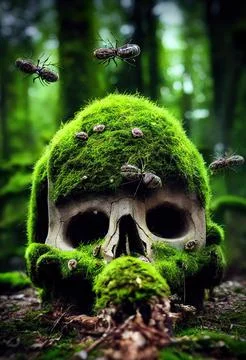 A horrible ancient skull covered with moss lies in a green autumn forest. 3D Stock Illustration