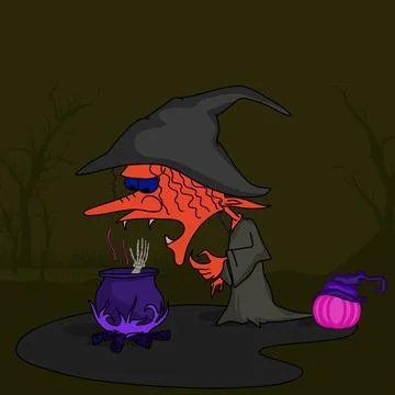 Horrible witch wearing hat with a pumpkin and pot on fire in dangerous nigh.. Stock Illustration