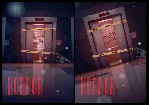Horror banner with ghost stand in broken elevator Ilustración de archivo