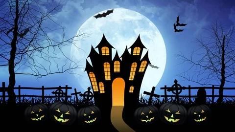 Horror Castle with Moon in Blue Background Stock Footage 79791844