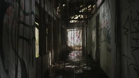 Horror concept, building interior motion. long scary abandoned corridor with Stock Footage 232975401