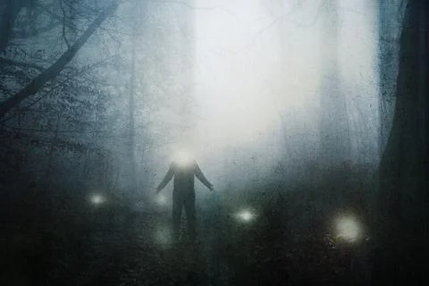 A horror concept of a figure with a glowing head with glowing orbs Stock Illustration