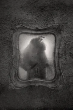 Horror concept of a ghostly doll trapped in a mirror. With a grunge edit Stock Photos