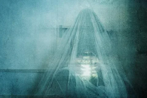 A horror concept of a ghostly figure sitting down holding a glowing lamp. Stock Illustration