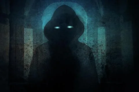 A horror concept of a spooky double exposure of a hooded figure. Stock Illustration