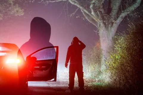 A horror concept of a spooky ghost double exposure hooded figure, Stock Photos