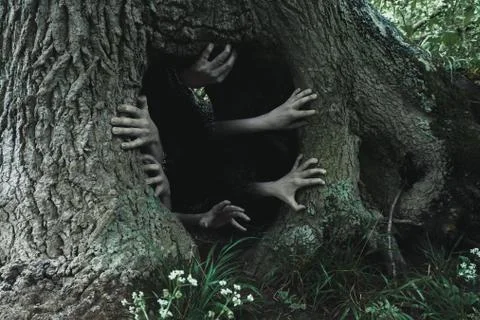 A horror concept of  spooky ghostly hands coming out of the base of a tree Stock Photos