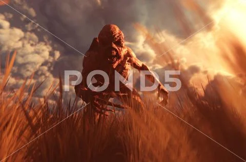 Horror creatures in grass field,3d illustration Stock Illustration
