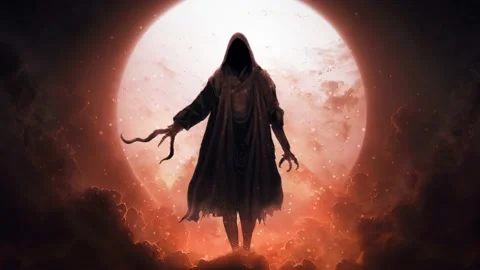 Horror demon above the clouds with tentacle hand and a hood. Sunset landscape Video stock 220579521