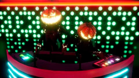 Horror DJs hold a party in a dark club during the Halloween holiday. 3D Stock Illustration