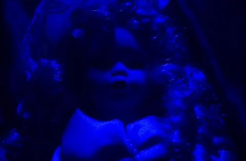 Horror doll blue light front view. Stock Photos