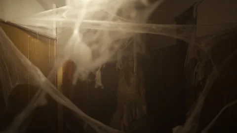 Horror Halloween concept. Female ghost or zombie in white dress standing wrapped Video stock 314873668