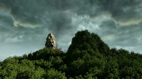 Horror island in ocean. devilish screaming skull. Halloween concept. Hell. Stock Footage
