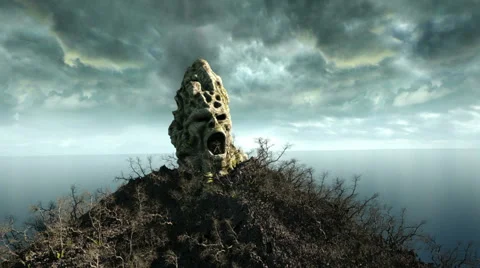 Horror island in ocean. devilish screaming skull. Halloween concept. flock of ba Stock Footage 67669881