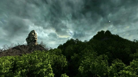 Horror island in ocean. devilish screaming skull. Halloween concept. flock of ba Stock-Footage 67671680
