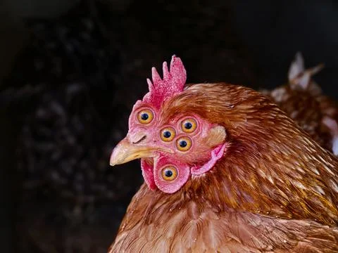 Horror nightmare chicken glancing at camera lens 写真素材