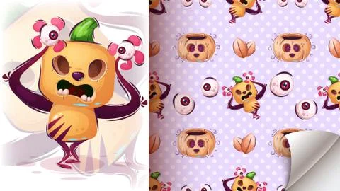 Horror pumpkin with eye - seamless pattern Stock Illustration