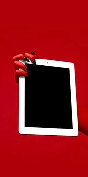 Horror red devil's hand with blank long nails holding tablet with blank screen Stock Photos