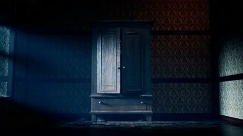 A horror scene with arms coming out from the dark wardrobe. Mystery. Nightmare. Stock Footage 201152316