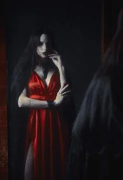 Horror scene: blurry reflection of the ghost girl in old dirty mirror. Port.. Stock Photos