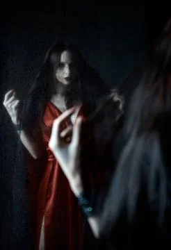 Horror scene: blurry reflection of the ghost girl in old dirty mirror. Port.. Stock Photos
