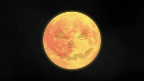 Horror scene. Full moon gets pumpkin face for Halloween at dark night, animation Stock Footage 221594537