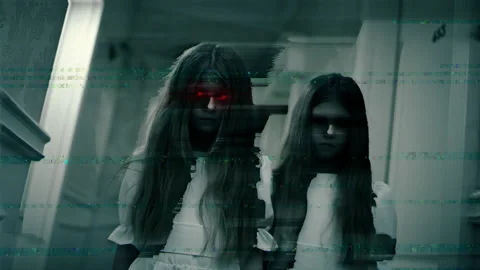 Horror scene, two dead twin girls staring into soul, creepy nightmarish children Stock Footage 155454230