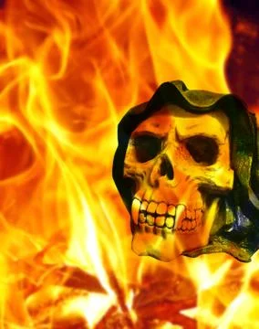 Horror skull with canine teeth on fire background Illustrazione stock