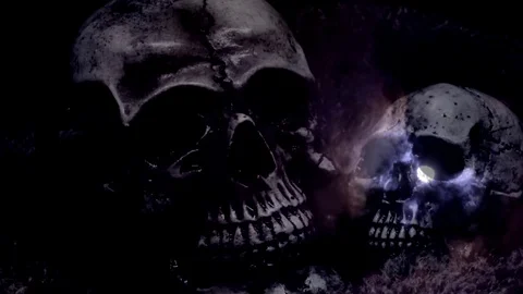 Horror skull with ice freezing on double exposure the moon cloudy sky Video stock 82327293