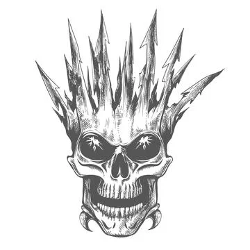 Horror Skull in Sharp Bone Crown Engraving Tattoo Stock Illustration