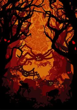 Horror spider forest background Stock Illustration