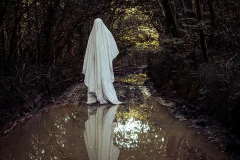 A horror supernatural ghost like entity with a white sheet by a pond Stock Photos