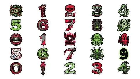 Horror themed numbers collection featuring spooky green and red monster des.. Stock Illustration