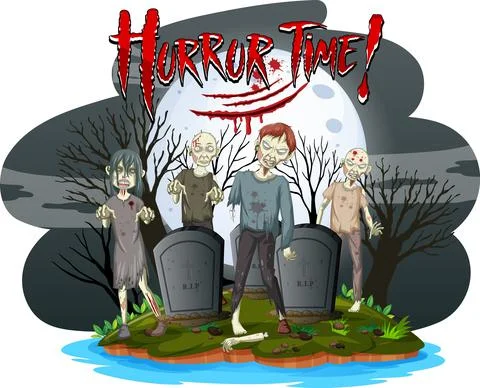 Horror Time text logo with creepy zombies at graveyard Stock Illustration