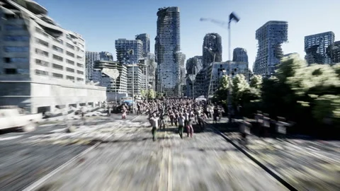 Horror zombie crowd walking. Destroyed city. Apocalypse view, concept. Realistic Stock Footage 96790009