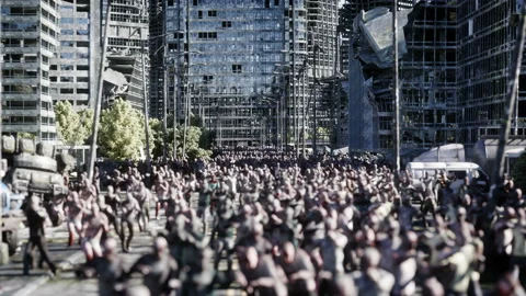 Horror zombie crowd walking. Destroyed city. Apocalypse view, concept. Realistic Stock Footage 96792622
