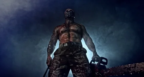 Horror zombie killer with a chainsaw and a machete. Postapokalipsis. 库存影片 70927747